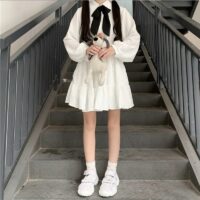Vestido coreano branco doce de uma peça Kawaii fofo