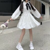 Koreańska biała słodka jednoczęściowa sukienka Śliczne kawaii