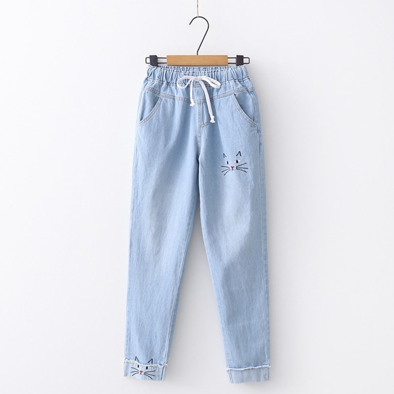 Cute Cat Embroidery Jeans