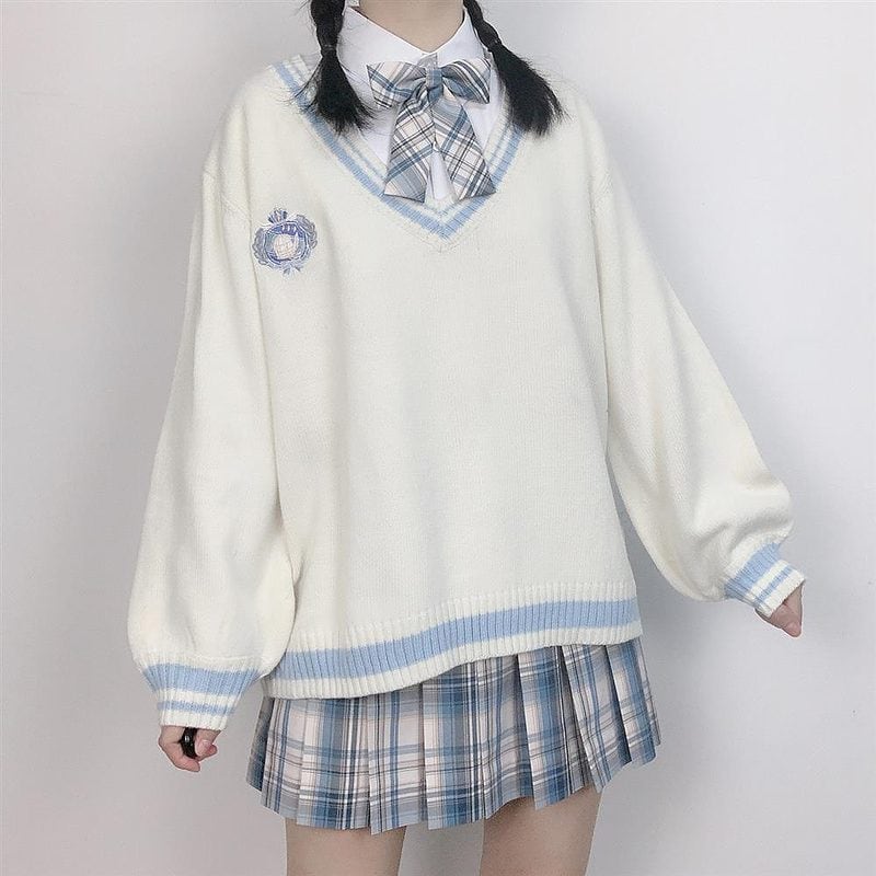 Japanese White V-neck School Uniform Sweater