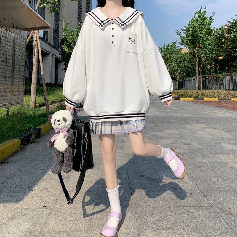 Kawaii Sailor Collar Cat Contrast Color Sweaters