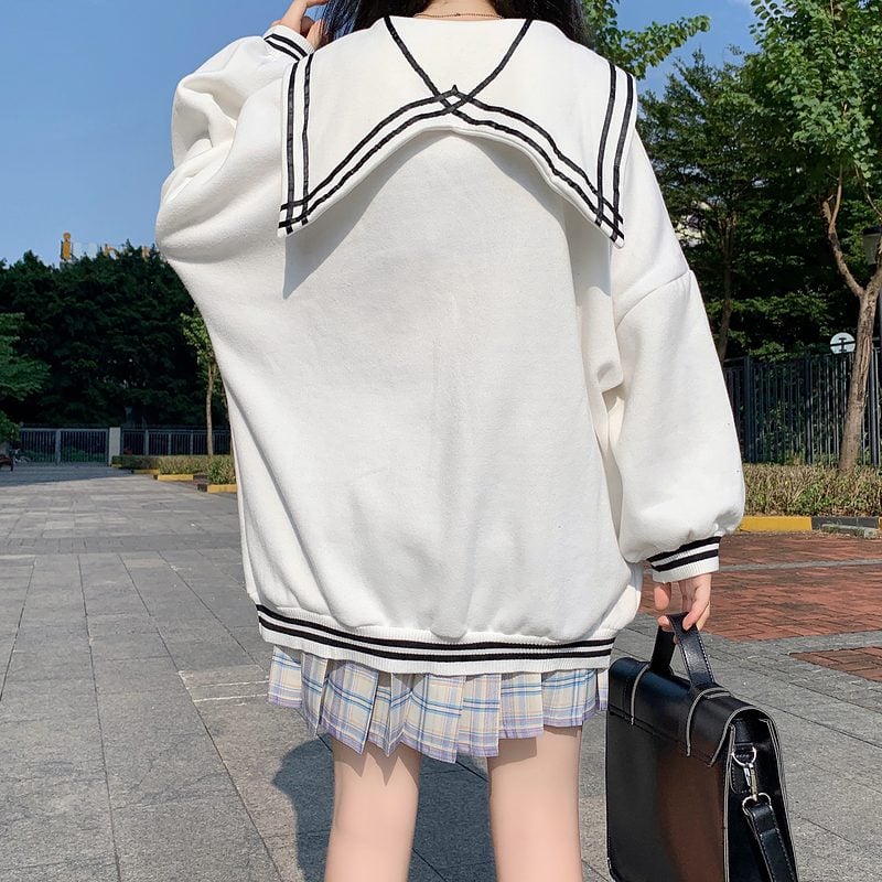 Kawaii Sailor Collar Cat Contrast Color Sweaters