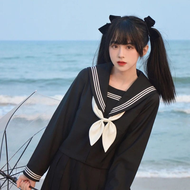 Japanese Black Suit Sailor Blouse Pleated Skirt Set