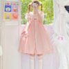Japanese Soft Girl Pink Lace Midi Dress Bow kawaii