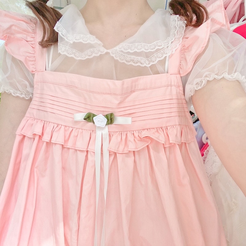 Japanese Soft Girl Pink Lace Midi Dress