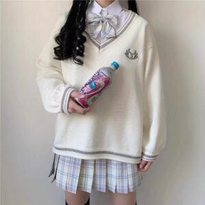 Японский белый свитер с v-образным вырезом для школьной формы японский каваи