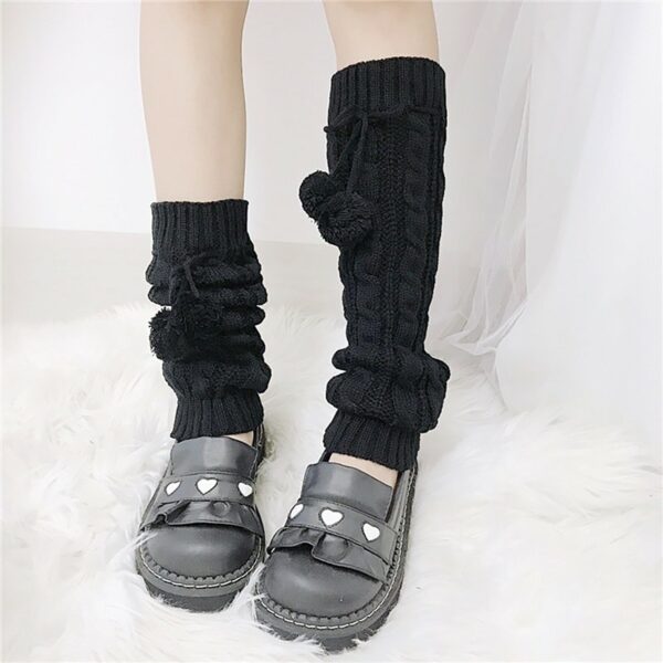 Women’s Sweet Pure Color Knitted Leg Warmers With Balls Knitted kawaii