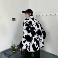 Kawaii luźna pluszowa bluza z kapturem z nadrukiem krowy Kawaii krowa