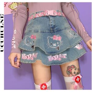 Lolita Denim Mini Pleated Skirt Lolita kawaii