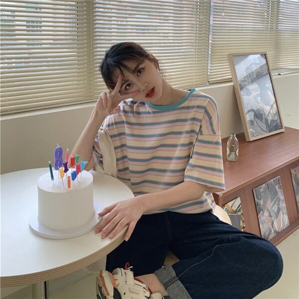 Loose Vintage Colorful Striped T-shirts short sleeve kawaii