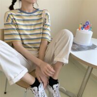 Losse vintage kleurrijke gestreepte T-shirts kawaii met korte mouwen