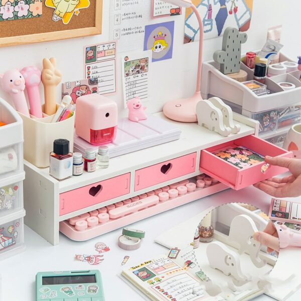 Kawaii Hearts Pink Wooden Desk Organizer desktop organizer kawaii