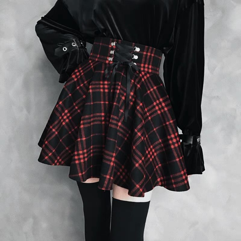 Punk Woolen High Waist Plus Size Plaid Skirt