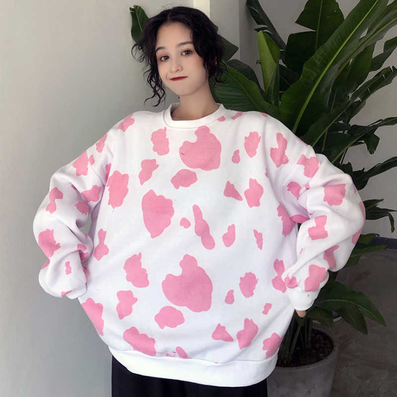 Pink Milk Cow Print Loose Crew Neck Sweater