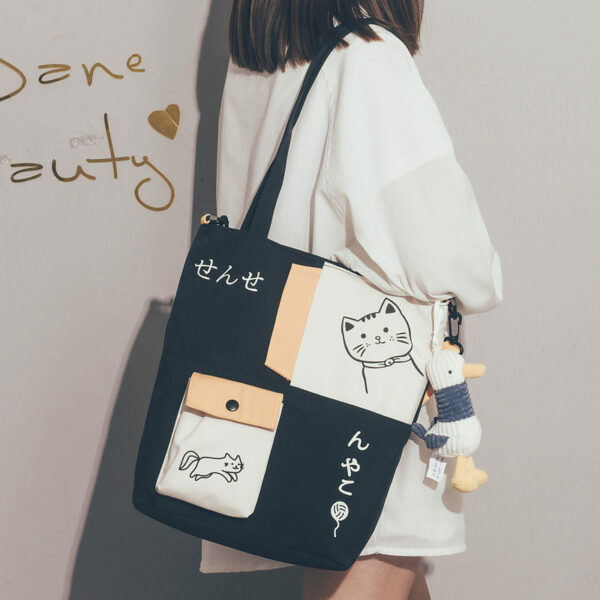Trendy Japanese Cat Draw Tote Bag Canvas kawaii