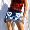 Heart Prints Tattered High Waist Denim Skirt Denim Skirt kawaii