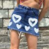 Heart Prints Tattered High Waist Denim Skirt Denim Skirt kawaii