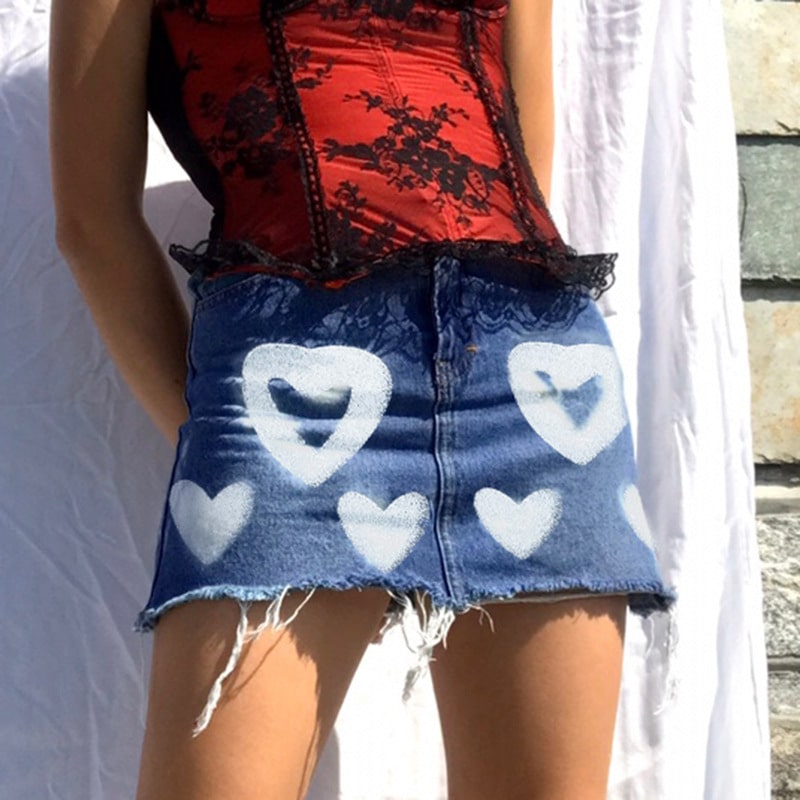 Heart Prints Tattered High Waist Denim Skirt