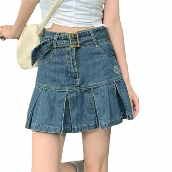 Korean Retro Belt Pleated Denim Skirt Harajuku kawaii