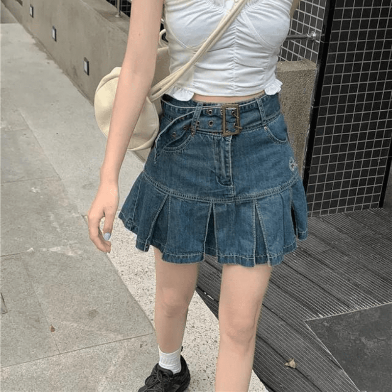 Korean Retro Belt Pleated Denim Skirt