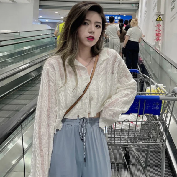 Korean Fashion Sheer Twisted Long Sleeved Knitted Top Cardigans kawaii