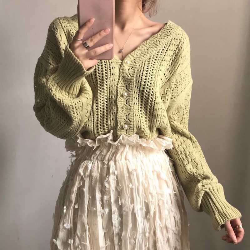 Hollow V-neck Long Sleeve Knit Sweater
