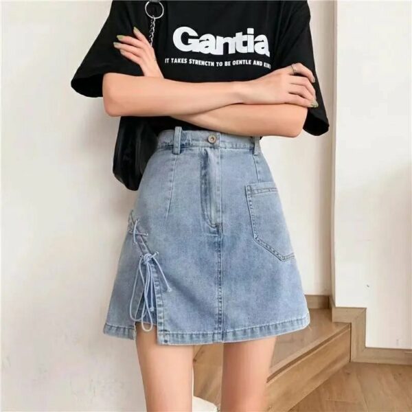 Harajuku High-waisted Lacing-up A-line Denim Skirt Bow kawaii