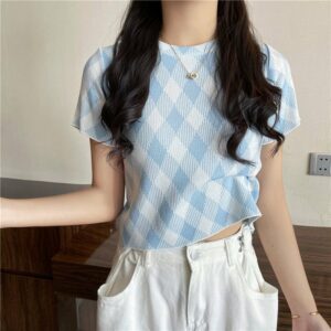 Kawaii Blue Diamond Check Casual T-shirt Plaid Dress kawaii
