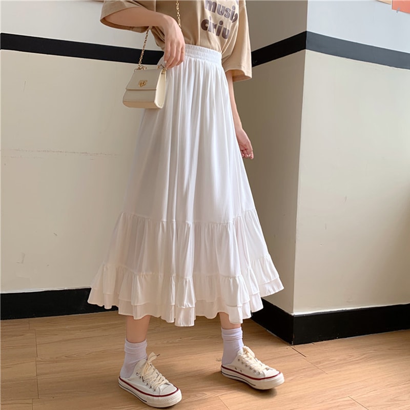 Solid Color Ruffle Mid-length Skirt