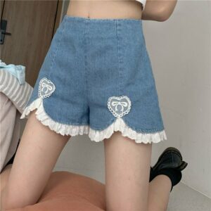 Heart Lace Wide-Leg Denim Shorts Cute kawaii Heart Lace Wide-Leg Denim Shorts Cute kawaii