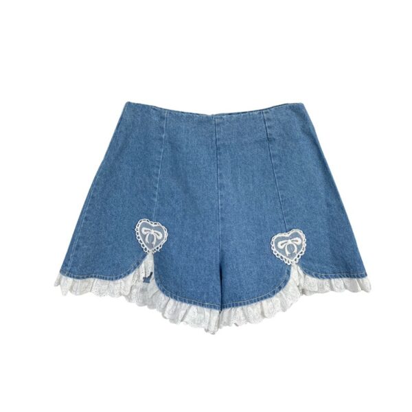 Heart Lace Wide-Leg Denim Shorts Cute kawaii