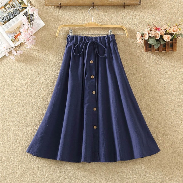 Japanese Summer Button Linen Flounce Skirt