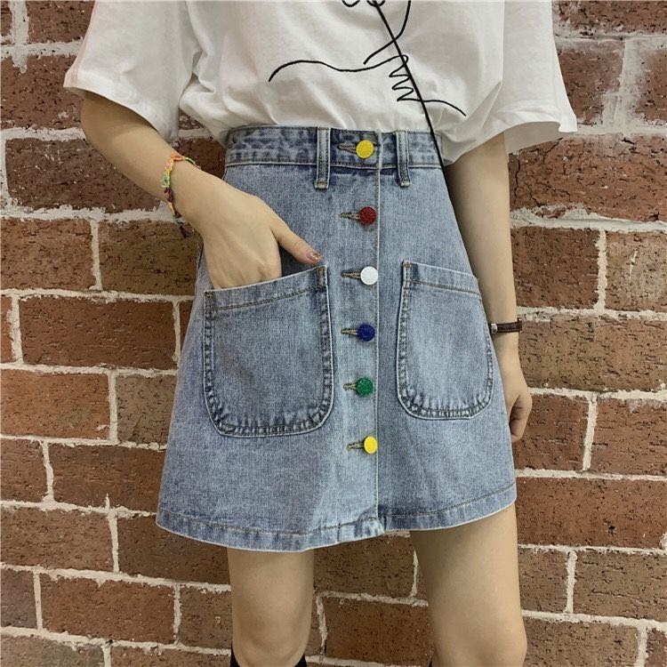 Colorful Button Denim Skirt