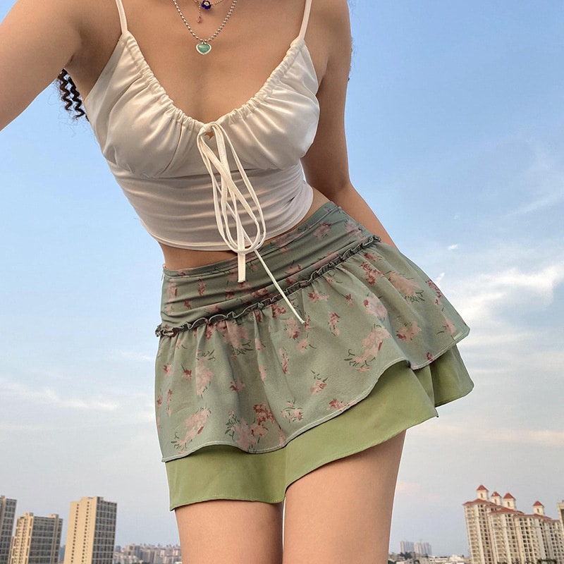 Kawaii Floral Double Short Skirt