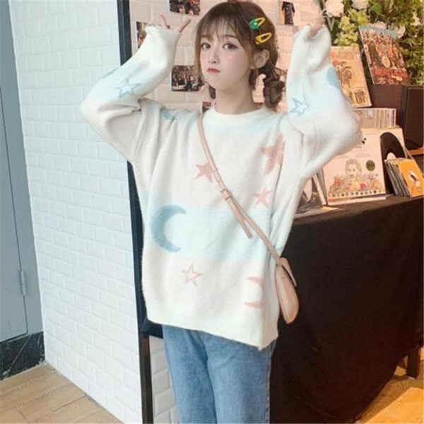 Kawaii Moon Star Knitted Loose Sweater Long Sleeve kawaii
