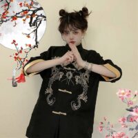 Camicia Cheongsam con colletto alla coreana ricamato con drago Kawaii cinese