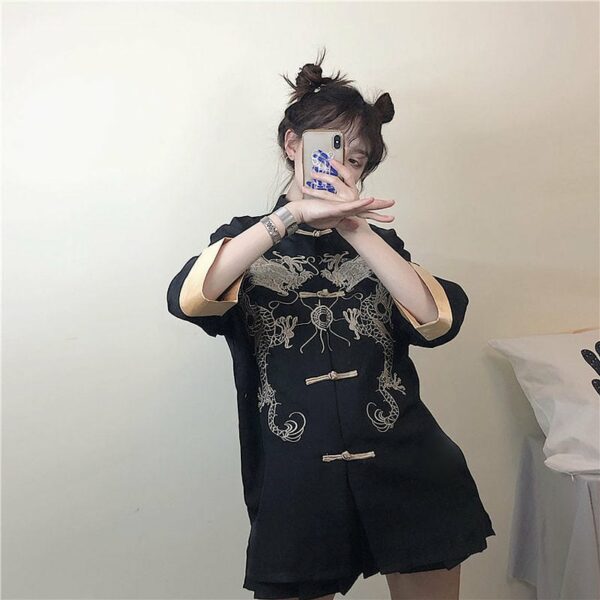 Dragon Embroidered Stand Collar Cheongsam Shirt Chinese kawaii