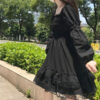 Schwarzes Gothic-Minikleid mit hoher Taille von Lolita Schwarzes Kleid kawaii