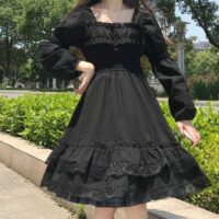 Lolita Mini abito gotico nero a vita alta Abito nero kawaii
