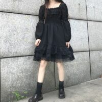 Lolita Black Mini High Waist Gothic Klänning Svart klänning kawaii