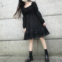 로리타 블랙 미니 하이 웨이스트 고딕 드레스 검은 드레스 가와이