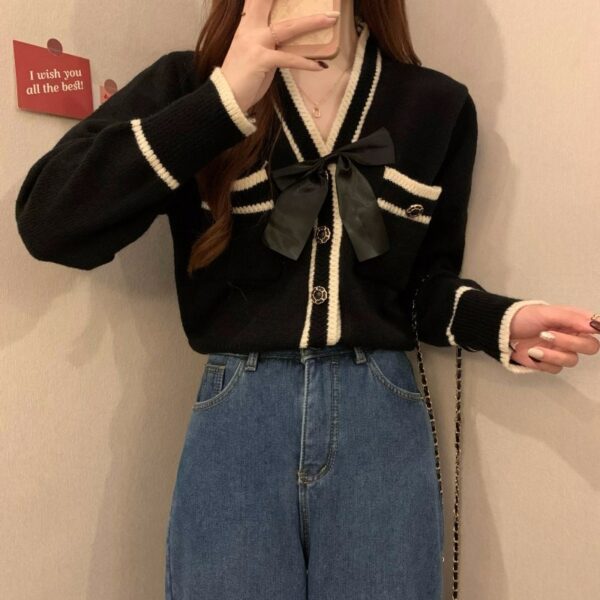 Korean Style Double Color Bowknot Cardigan Cardigan kawaii