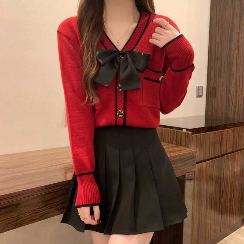 Korean Style Double Color Bowknot Cardigan