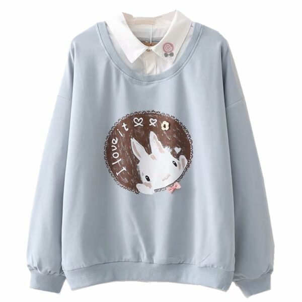 Rabbit I Love It Print Fake Two-piece T-shirt Hoodies kawaii