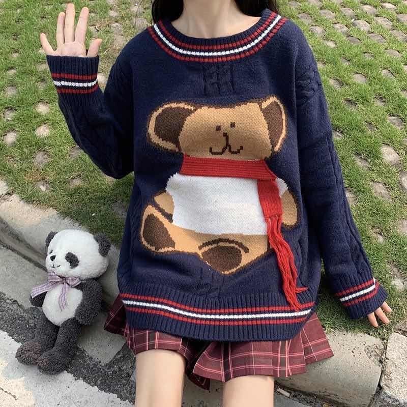 Kawaii Bear Cable Knitted Sweater