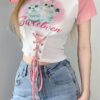 Kitties Printed Lace-Up Tops Cute kawaii