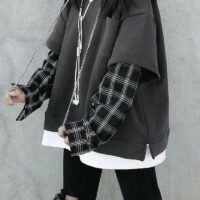 Korean Fashion Pure Color Sweaters Splicing Plaid Hoodies Basic Hoodies kawaii