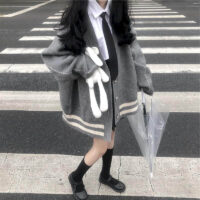 Kawaii, jednorzędowe, luźne płaszcze w paski Kawaii japońskie