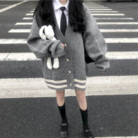 Manteaux amples à rayures et simple boutonnage Kawaii Kawaii japonais