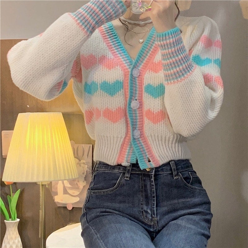 Kawaii Double Color Heart Knitted Short Cardigan